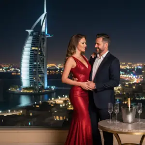 Beautiful luxury model with a client at a Jumeirah balcony overlooking Burj Al Arab - Escort Service in Jumeirah
