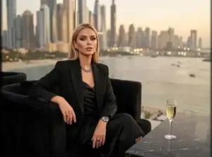Stylish woman in a black suit seated on a terrace with a city skyline and a champagne glass nearby.