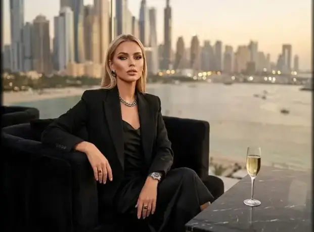 Stylish woman in a black suit seated on a terrace with a city skyline and a champagne glass nearby.