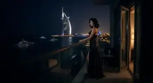 An ultra-luxurious Dubai Marina hotel suite at night, overlooking the illuminated skyline, perfect for a private date with an elite companion in Escorts in Jumeirah.