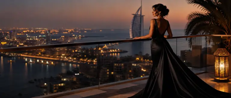 A stunning woman representing VIP female escorts in Jumeirah standing on a luxury high-rise balcony in Dubai at night.